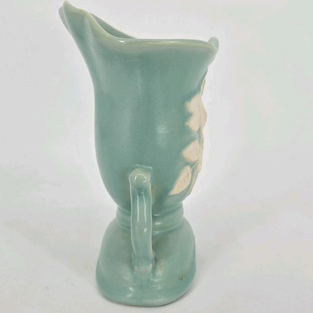 Vintage Weller Cameo Rose Vase Aqua Green White Floral Double Handle 7 In Deco